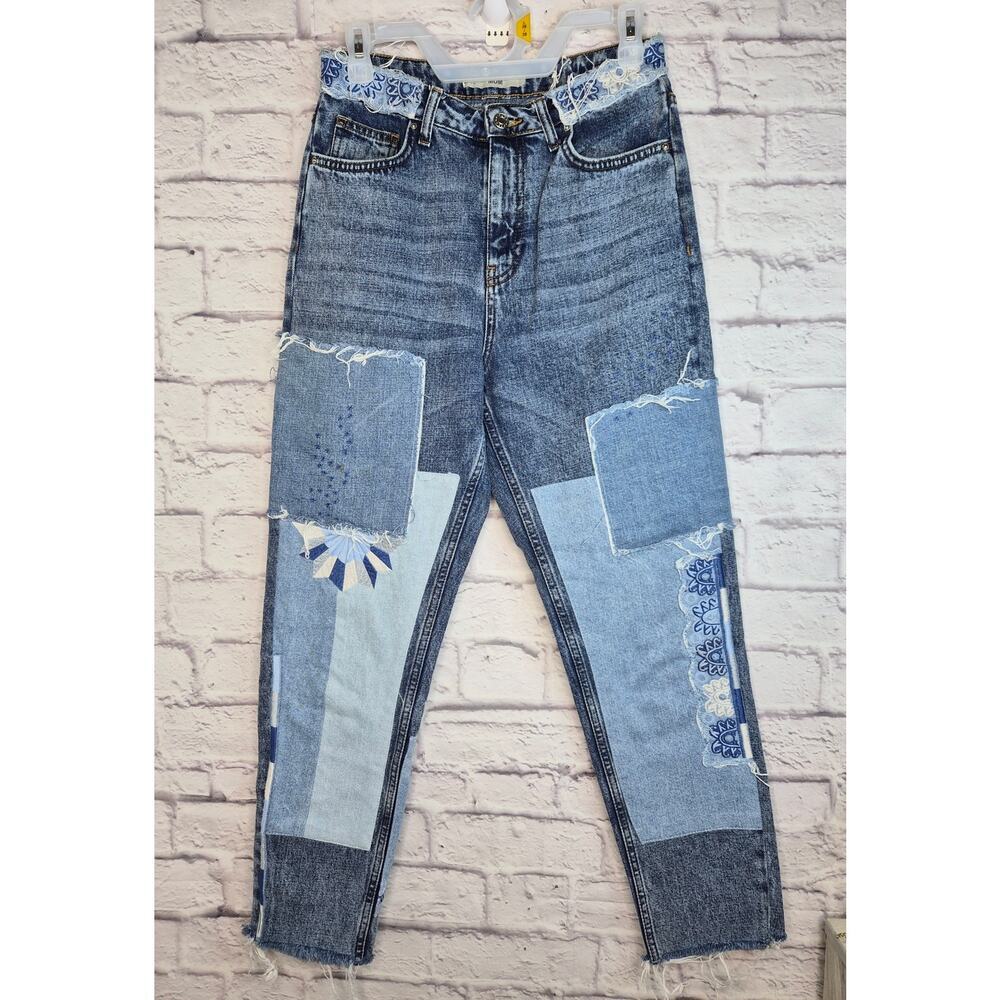 Topshop Moto Mom Jeans Patchwork Distressed Embroidered High Rise Blue W28 L30